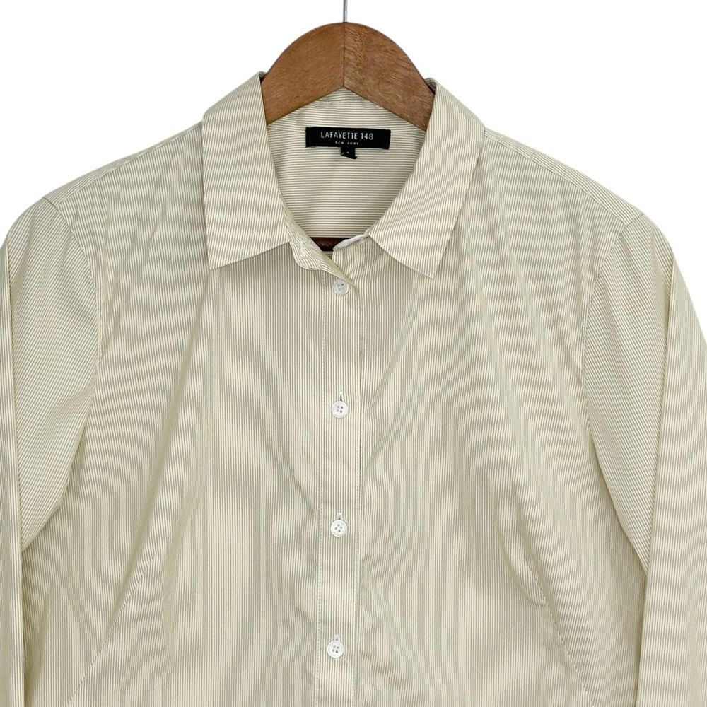 Lafayette 148 New York Button Down Top Striped Tan White Size 8 - Picture 3 of 9